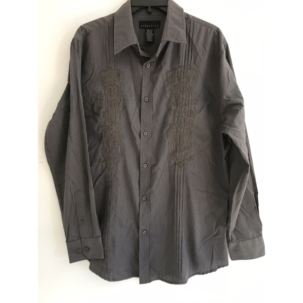 Attention medium grey stripe western‎ embroidery button front shirt
